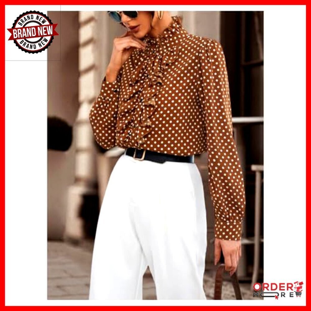 Polka Dot Satin Blouse Long Sleeve Button Up Shirt Business Casual - Picture 4 of 5
